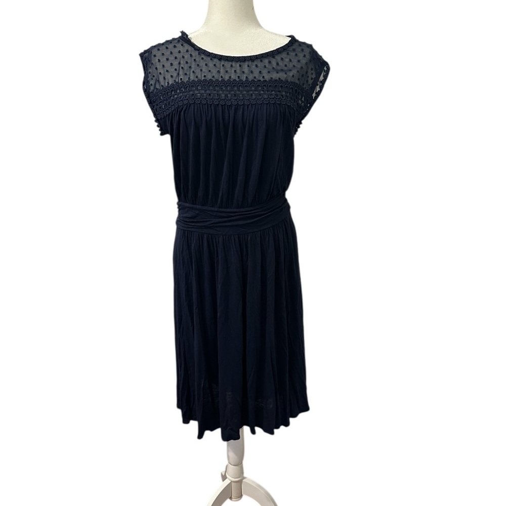 Boden Blue Pleated Midi Dress with Flutter Lace Cap Sleeves